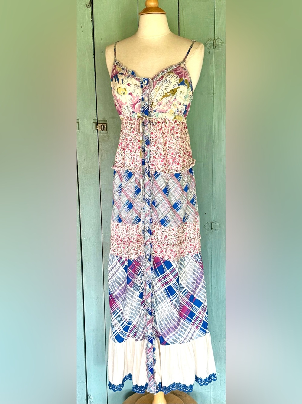 Sundance Patchwork SunDress BohoPeasant Cottagecore Eyelet Embroidery Btn Down M